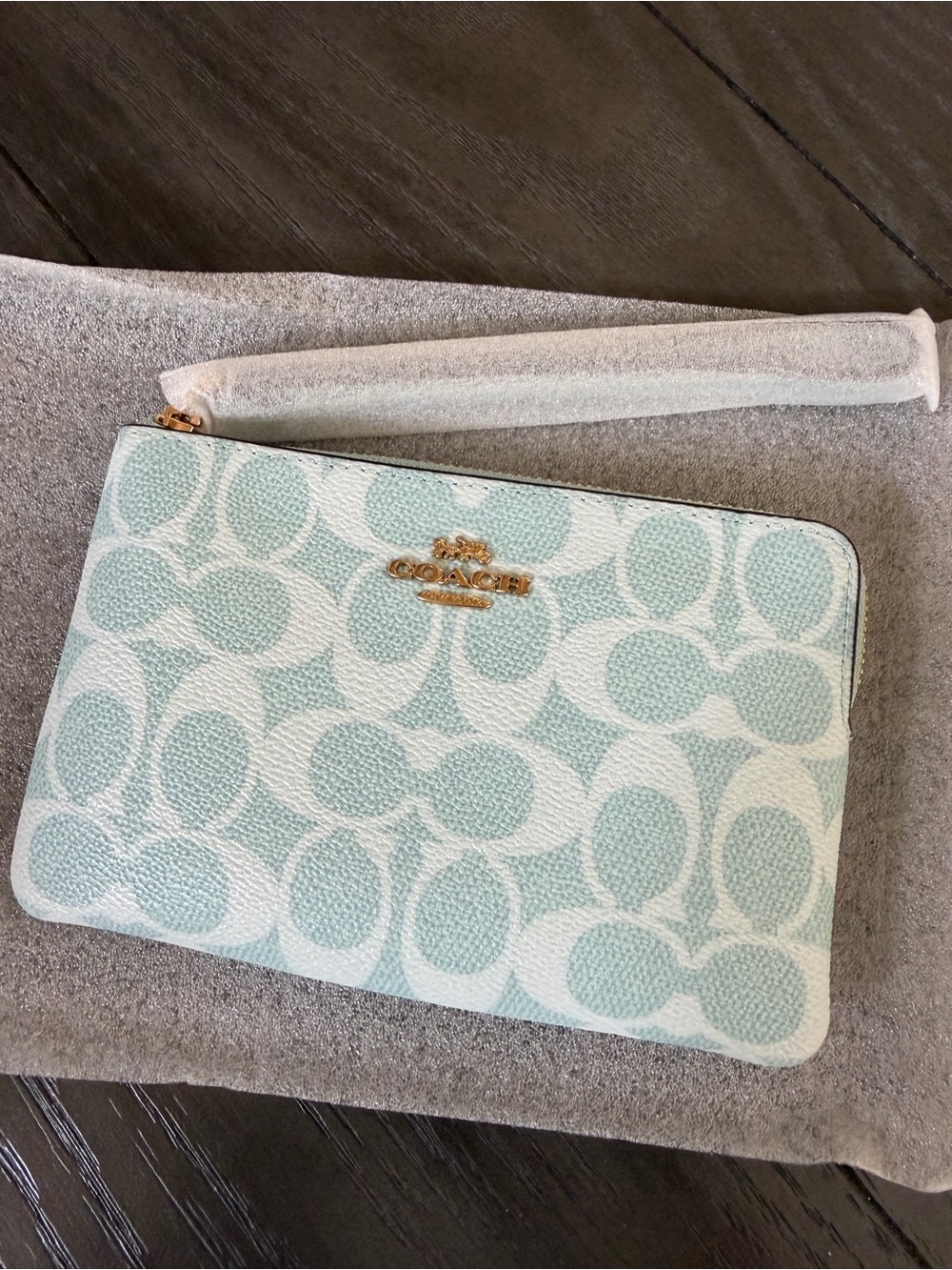 Coach Pastel Light Blue Signature Wristlet with Gold Hardware